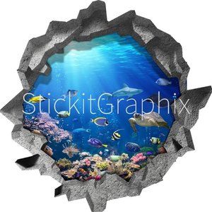Hole In the Wall CORAL REEF LIFE 3D Wall Decal Removable Fabric Vinyl Sticker